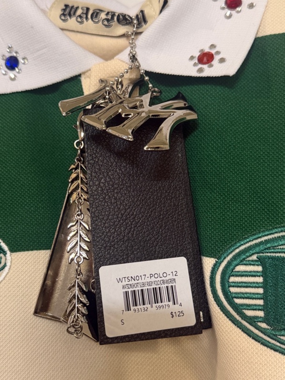 ❇️👕❇️ Watson Green  & Cream Striped Rhinestone Polo - S - Picture 3 of 7